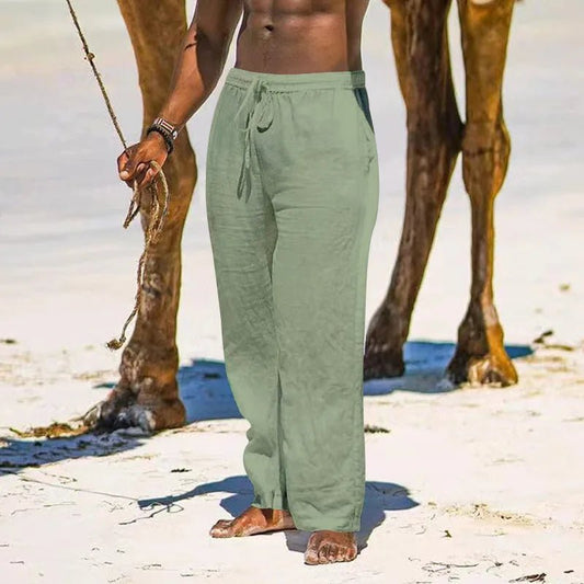 Casual Loose Cotton Linen Men Pants Summer Male High Elastic Waist Wide Leg Sand Holiday Beachwear Straight Full Trousers - PratSN