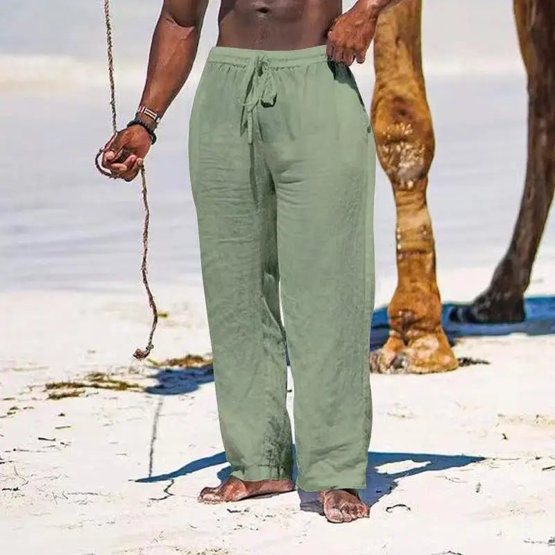 Casual Loose Cotton Linen Men Pants Summer Male High Elastic Waist Wide Leg Sand Holiday Beachwear Straight Full Trousers - PratSN