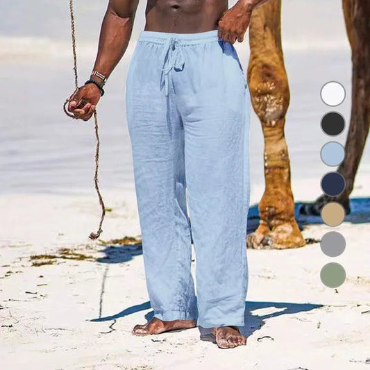 Casual Loose Cotton Linen Men Pants Summer Male High Elastic Waist Wide Leg Sand Holiday Beachwear Straight Full Trousers - PratSN