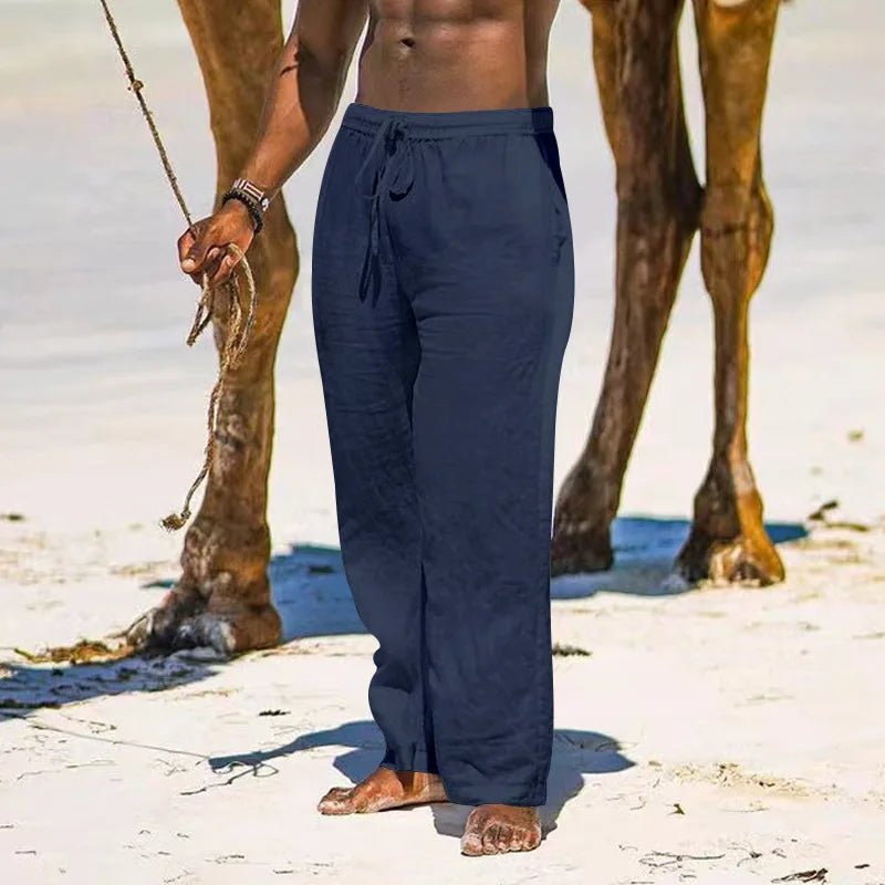 Casual Loose Cotton Linen Men Pants Summer Male High Elastic Waist Wide Leg Sand Holiday Beachwear Straight Full Trousers - PratSN