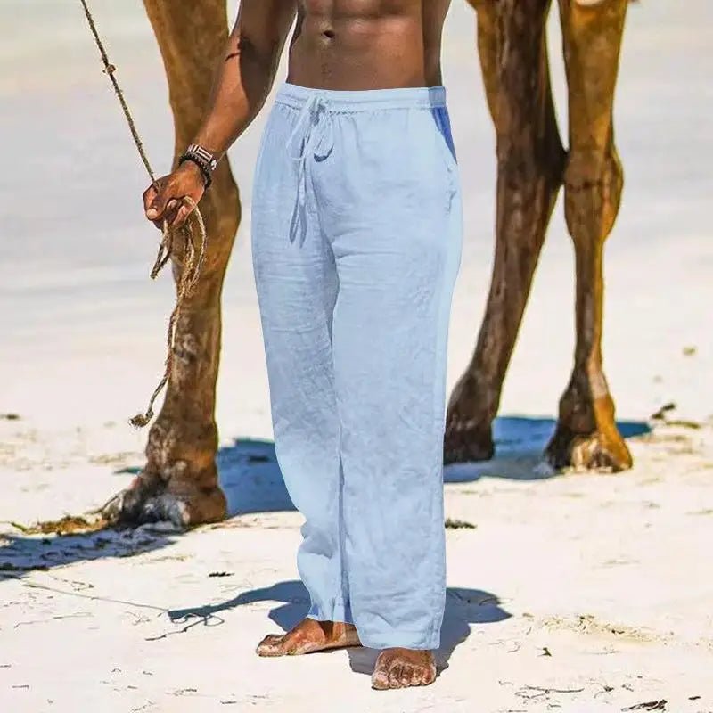 Casual Loose Cotton Linen Men Pants Summer Male High Elastic Waist Wide Leg Sand Holiday Beachwear Straight Full Trousers - PratSN
