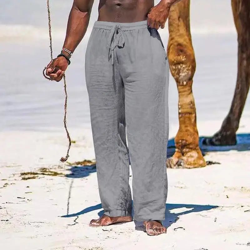 Casual Loose Cotton Linen Men Pants Summer Male High Elastic Waist Wide Leg Sand Holiday Beachwear Straight Full Trousers - PratSN