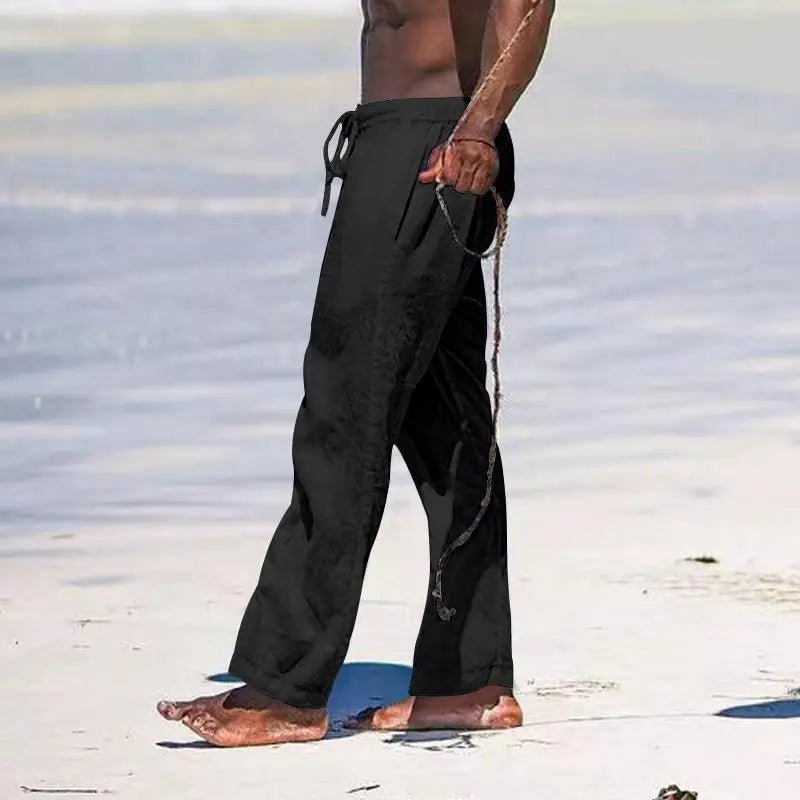Casual Loose Cotton Linen Men Pants Summer Male High Elastic Waist Wide Leg Sand Holiday Beachwear Straight Full Trousers - PratSN