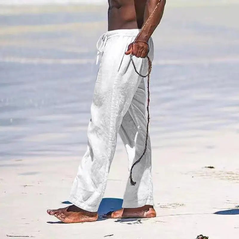Casual Loose Cotton Linen Men Pants Summer Male High Elastic Waist Wide Leg Sand Holiday Beachwear Straight Full Trousers - PratSN