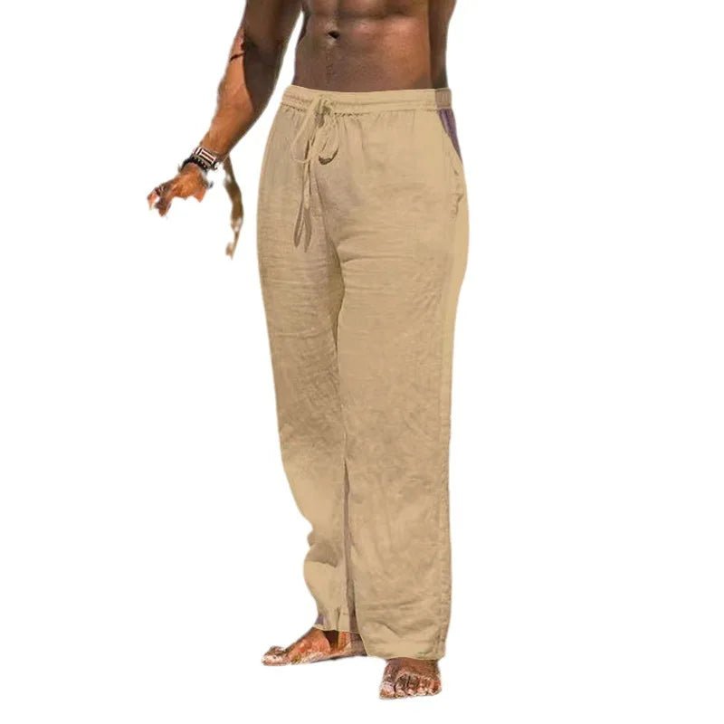 Casual Loose Cotton Linen Men Pants Summer Male High Elastic Waist Wide Leg Sand Holiday Beachwear Straight Full Trousers - PratSN