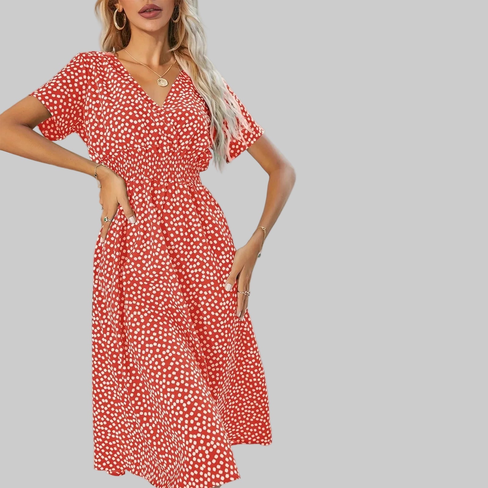 Casual small floral printed dresses for women v - neck short sleeve slim waist dress elegant and fashionable women's dress - PratSN