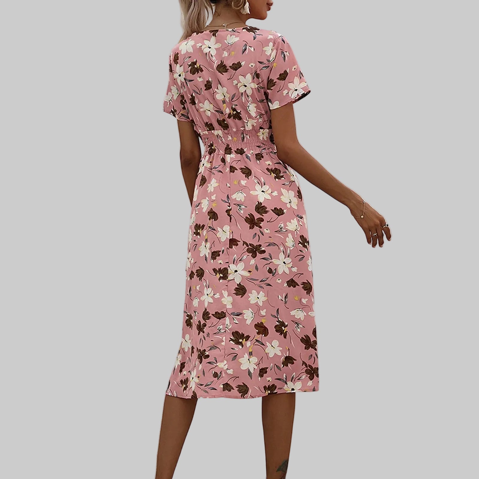 Casual small floral printed dresses for women v - neck short sleeve slim waist dress elegant and fashionable women's dress - PratSN
