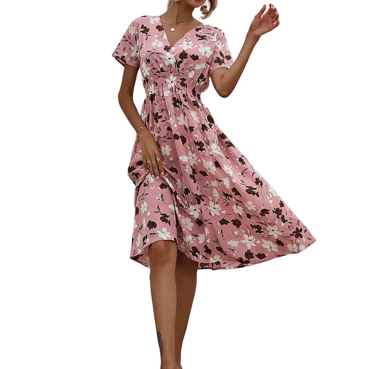 Casual small floral printed dresses for women v - neck short sleeve slim waist dress elegant and fashionable women's dress - PratSN