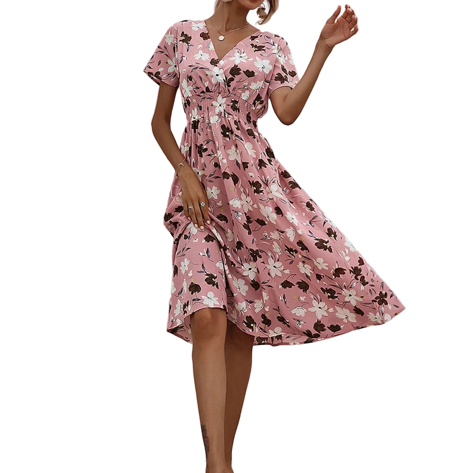 Casual small floral printed dresses for women v - neck short sleeve slim waist dress elegant and fashionable women's dress - PratSN