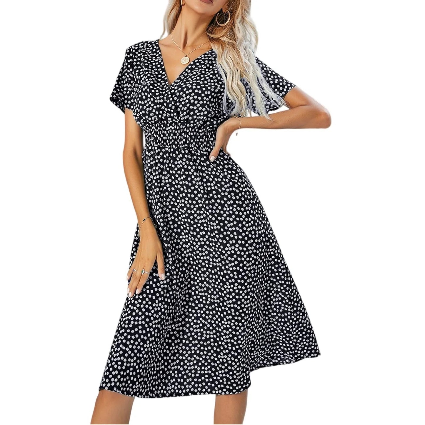 Casual small floral printed dresses for women v - neck short sleeve slim waist dress elegant and fashionable women's dress - PratSN