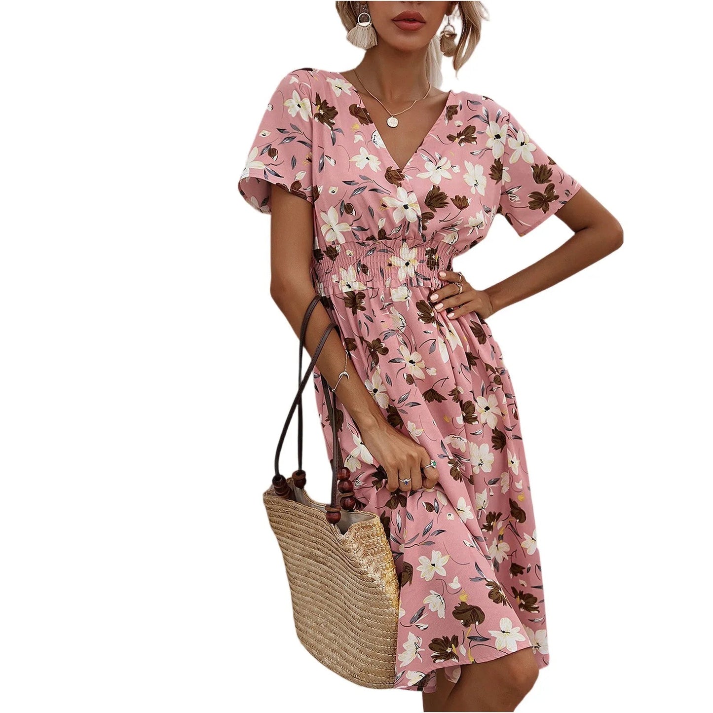 Casual small floral printed dresses for women v - neck short sleeve slim waist dress elegant and fashionable women's dress - PratSN