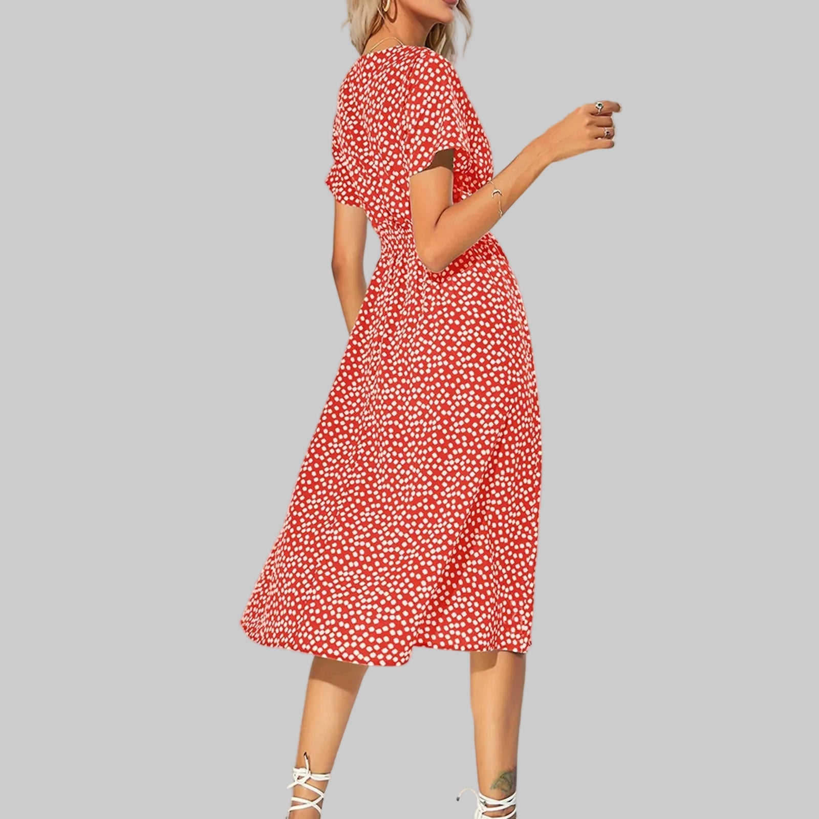 Casual small floral printed dresses for women v - neck short sleeve slim waist dress elegant and fashionable women's dress - PratSN