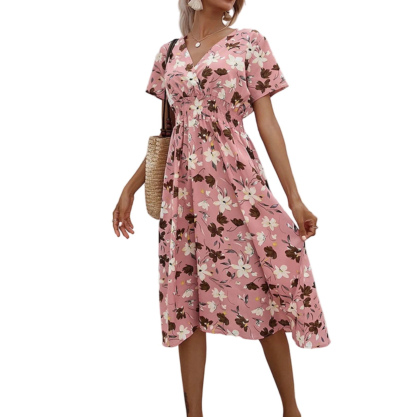 Casual small floral printed dresses for women v - neck short sleeve slim waist dress elegant and fashionable women's dress - PratSN