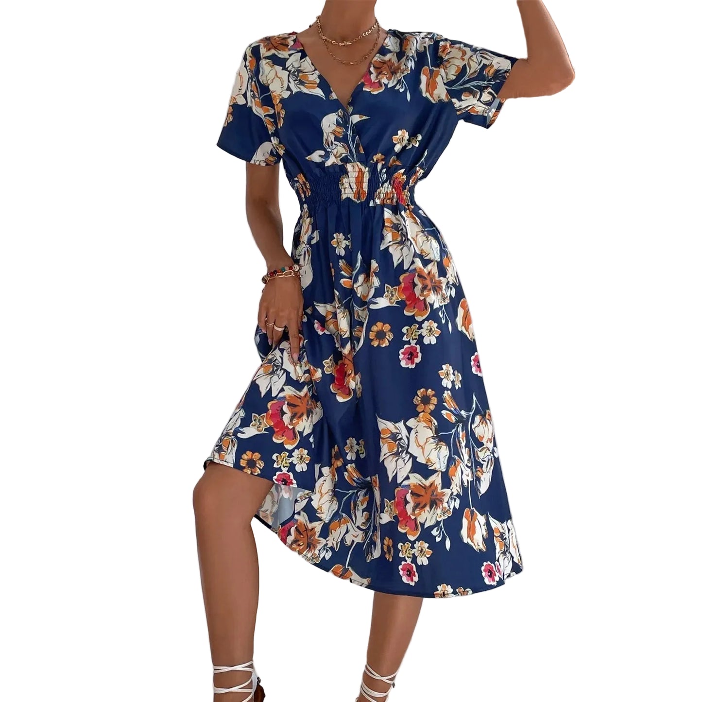 Casual small floral printed dresses for women v - neck short sleeve slim waist dress elegant and fashionable women's dress - PratSN