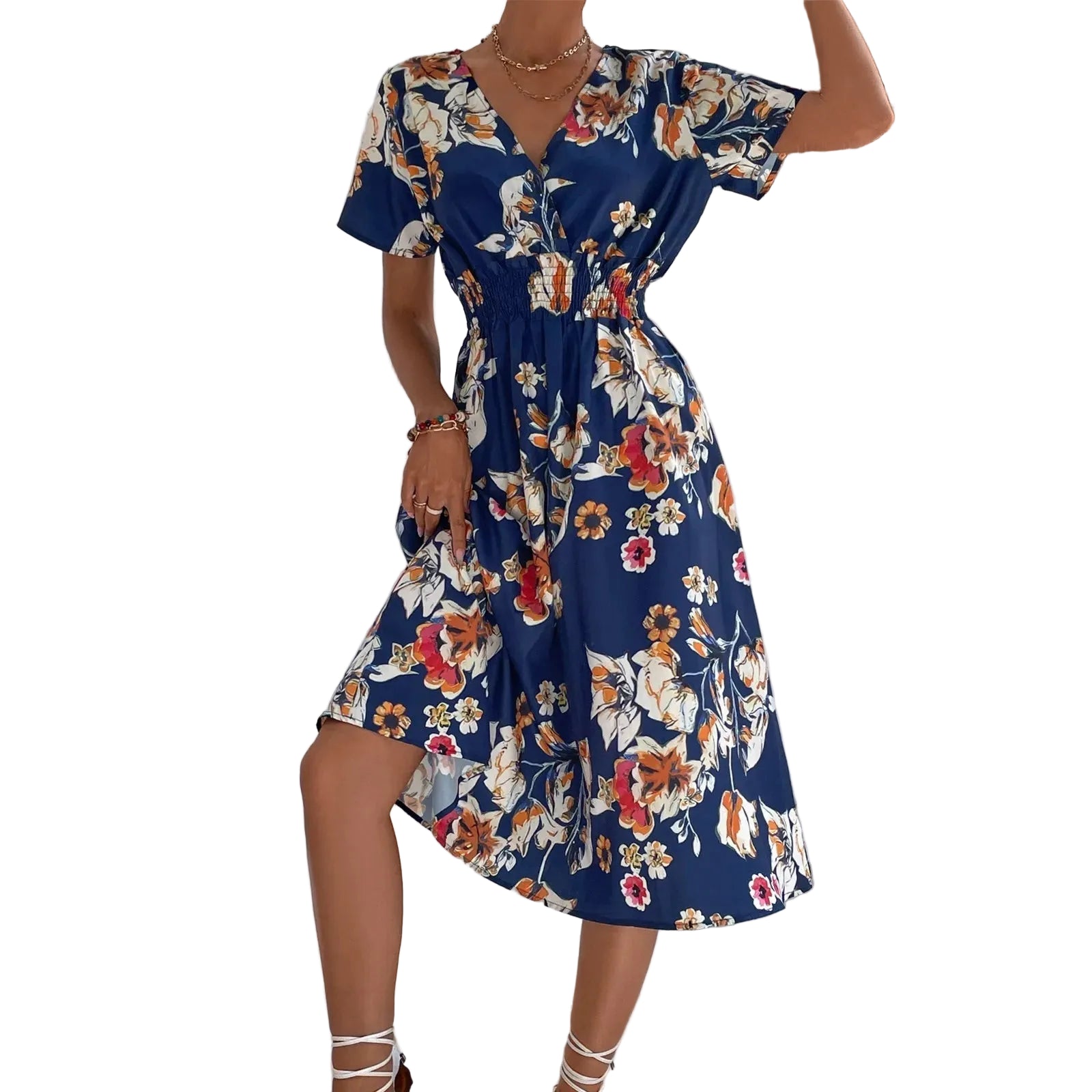 Casual small floral printed dresses for women v - neck short sleeve slim waist dress elegant and fashionable women's dress - PratSN