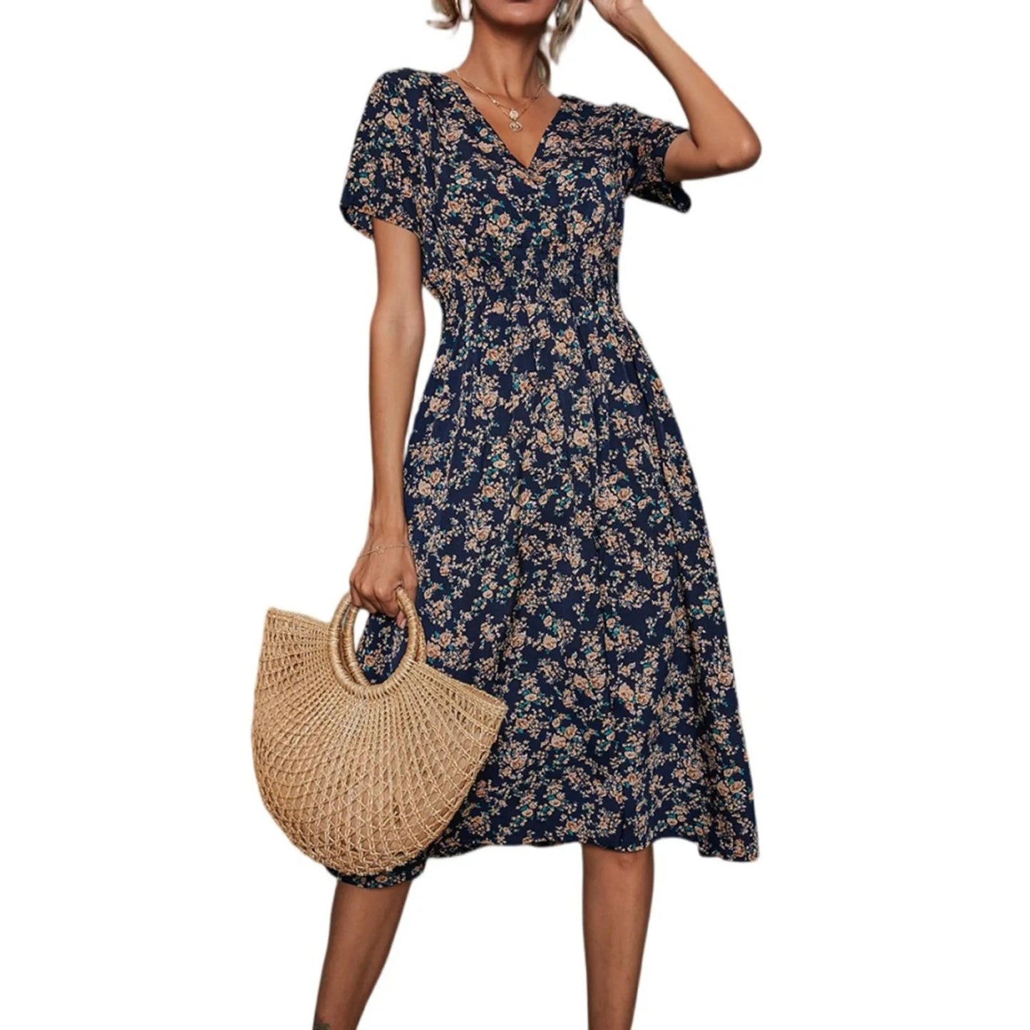 Casual small floral printed dresses for women v - neck short sleeve slim waist dress elegant and fashionable women's dress - PratSN