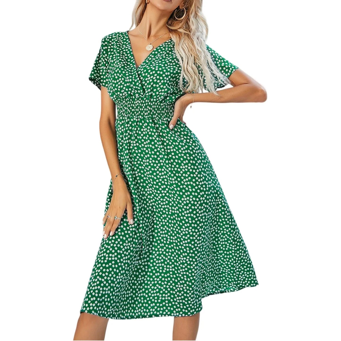 Casual small floral printed dresses for women v - neck short sleeve slim waist dress elegant and fashionable women's dress - PratSN