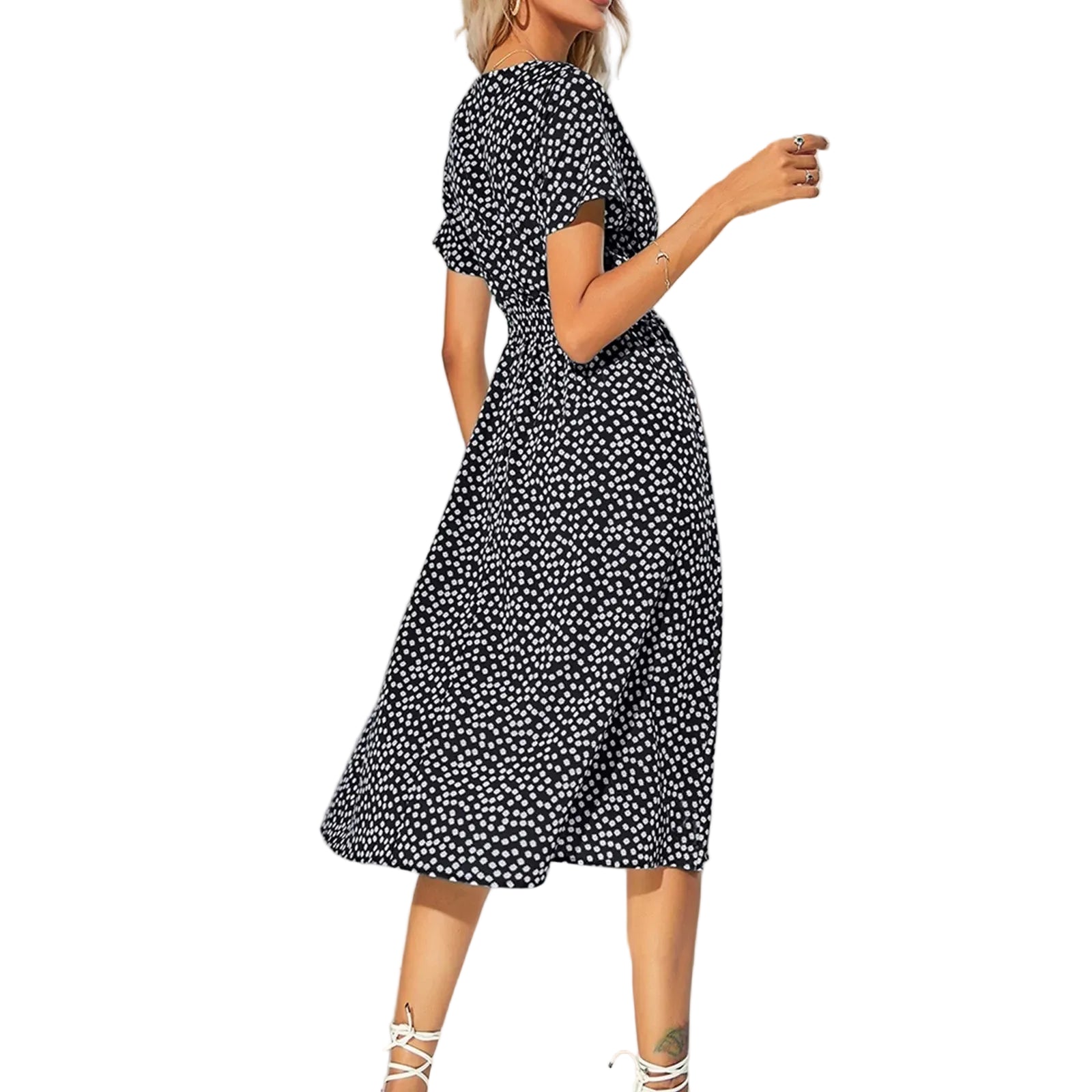 Casual small floral printed dresses for women v - neck short sleeve slim waist dress elegant and fashionable women's dress - PratSN