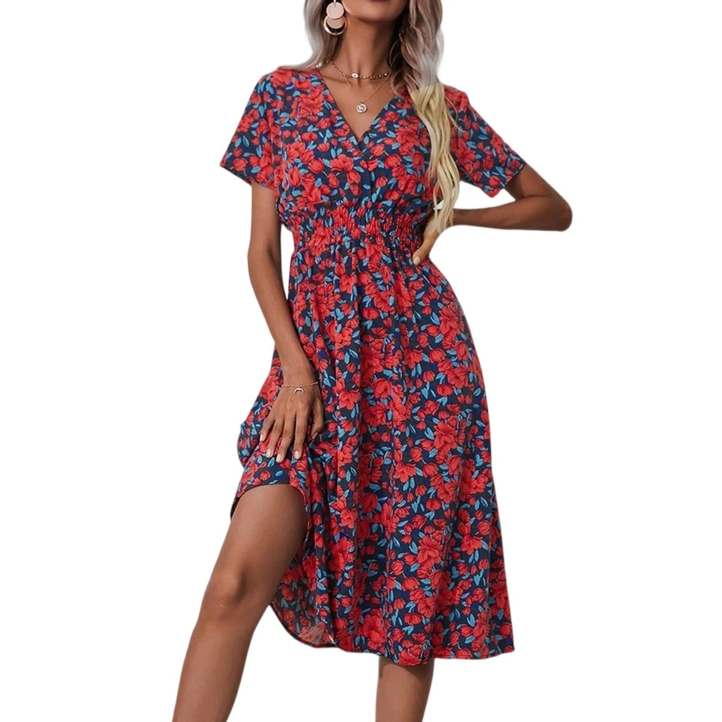 Casual small floral printed dresses for women v - neck short sleeve slim waist dress elegant and fashionable women's dress - PratSN