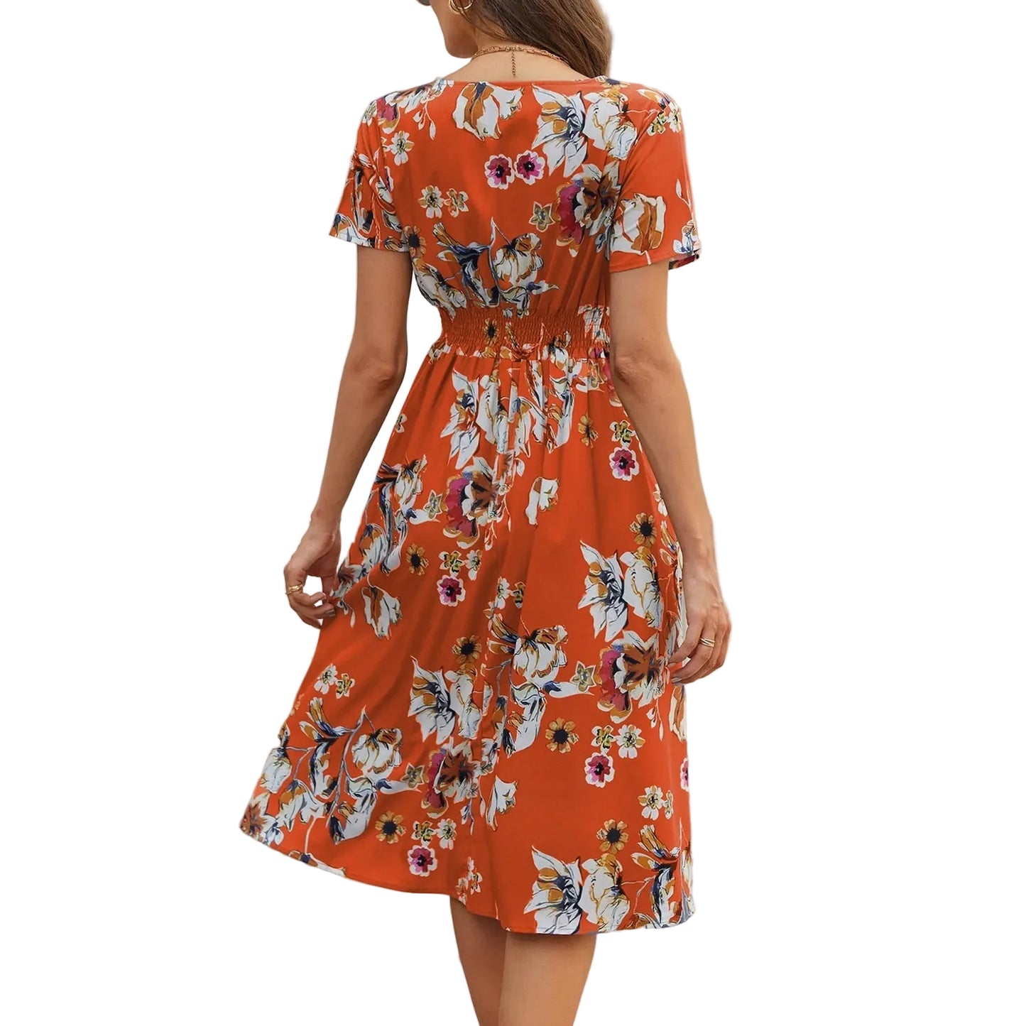 Casual small floral printed dresses for women v - neck short sleeve slim waist dress elegant and fashionable women's dress - PratSN