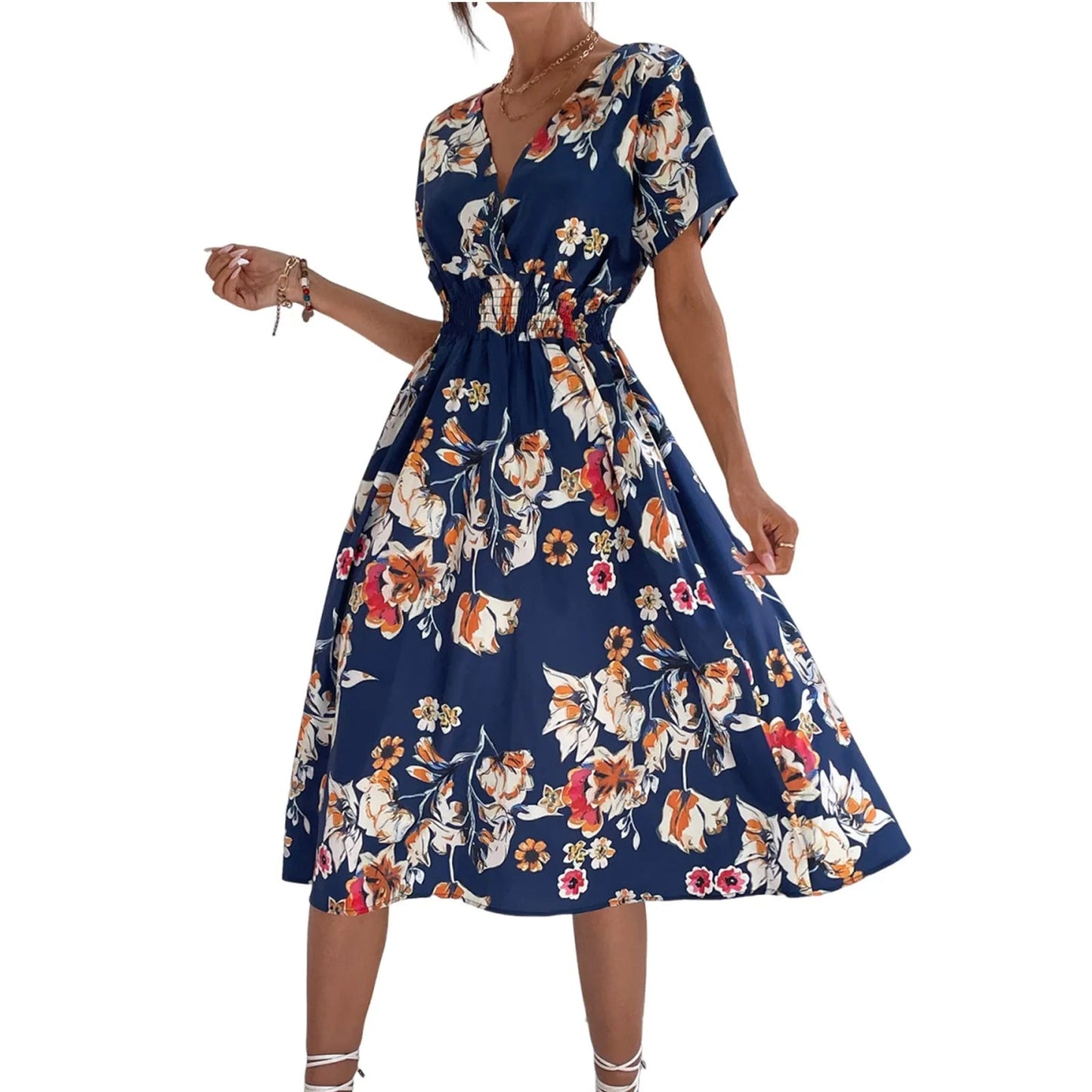 Casual small floral printed dresses for women v - neck short sleeve slim waist dress elegant and fashionable women's dress - PratSN