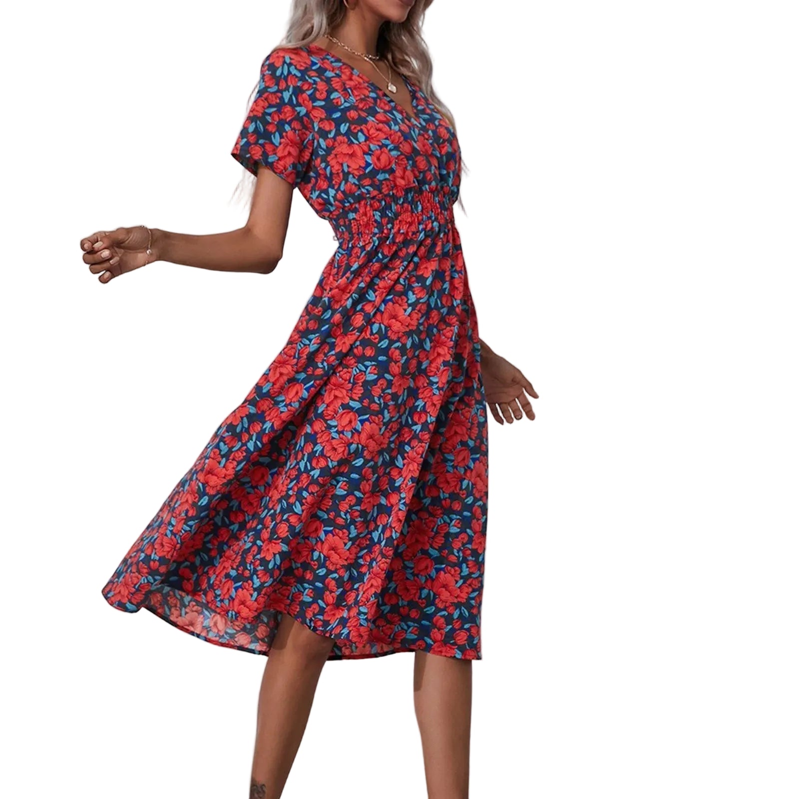 Casual small floral printed dresses for women v - neck short sleeve slim waist dress elegant and fashionable women's dress - PratSN