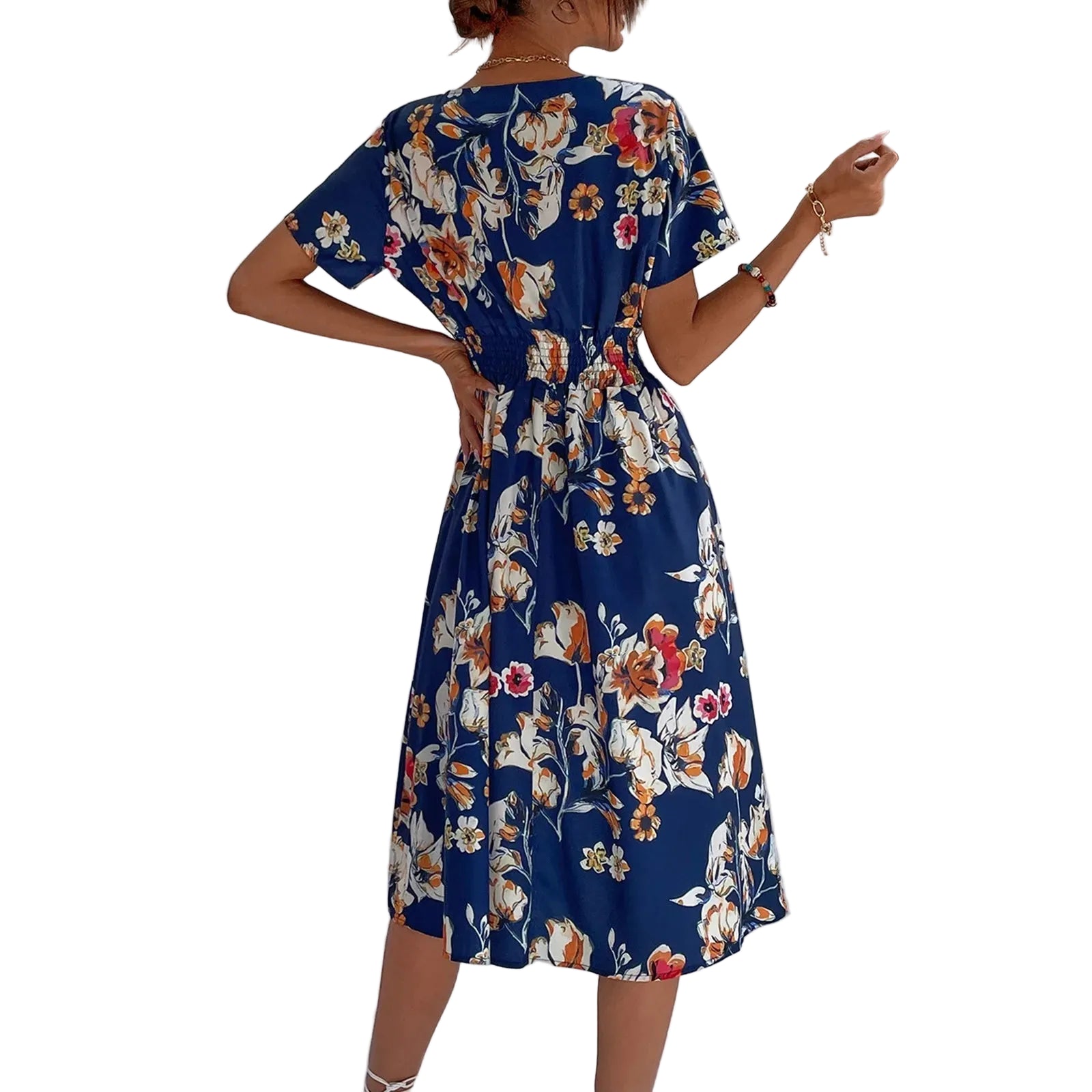 Casual small floral printed dresses for women v - neck short sleeve slim waist dress elegant and fashionable women's dress - PratSN