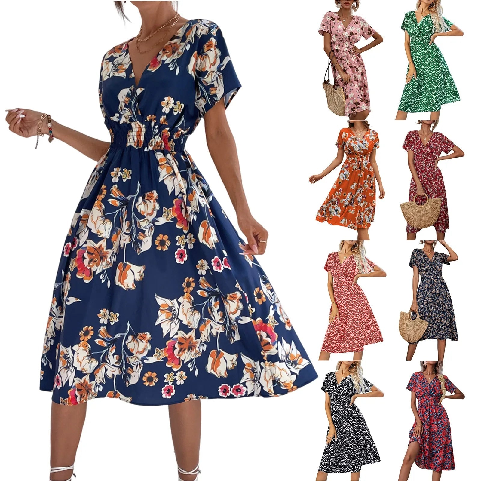 Casual small floral printed dresses for women v - neck short sleeve slim waist dress elegant and fashionable women's dress - PratSN
