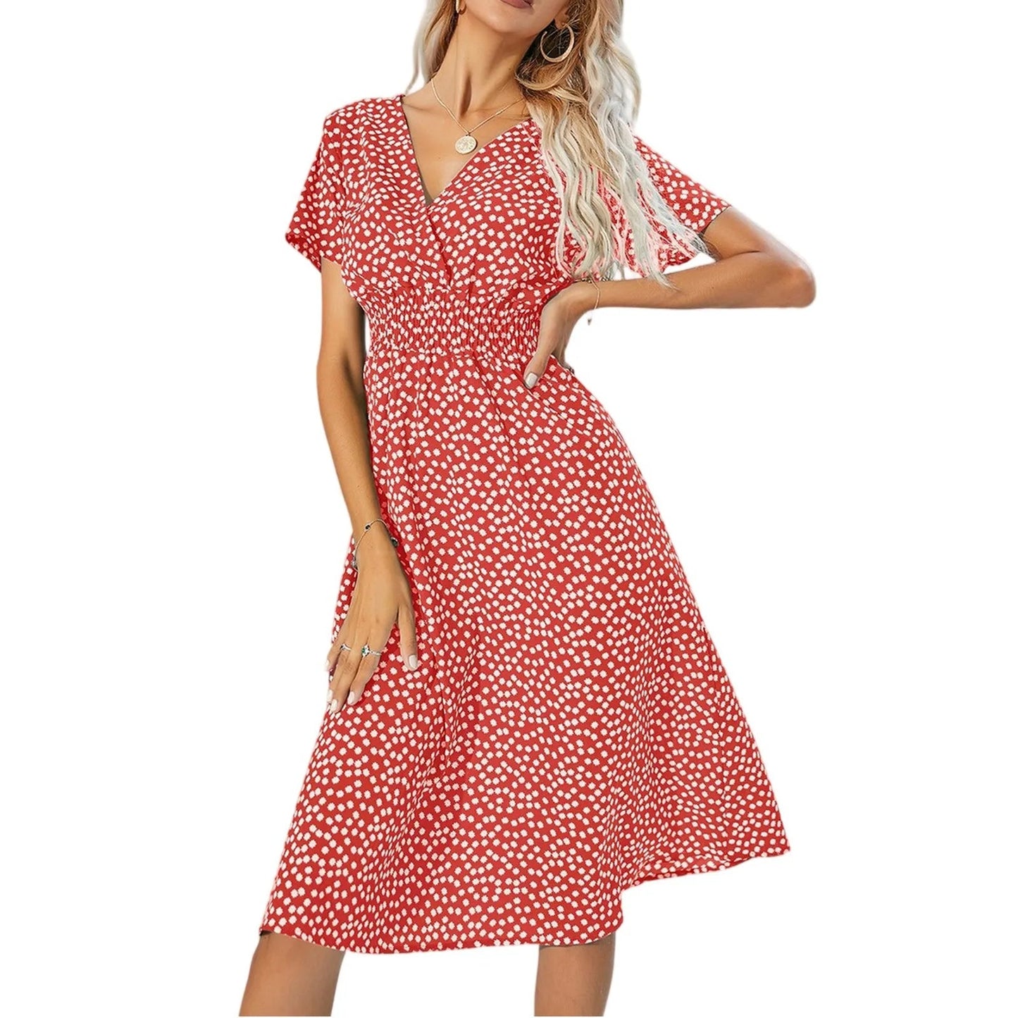 Casual small floral printed dresses for women v - neck short sleeve slim waist dress elegant and fashionable women's dress - PratSN