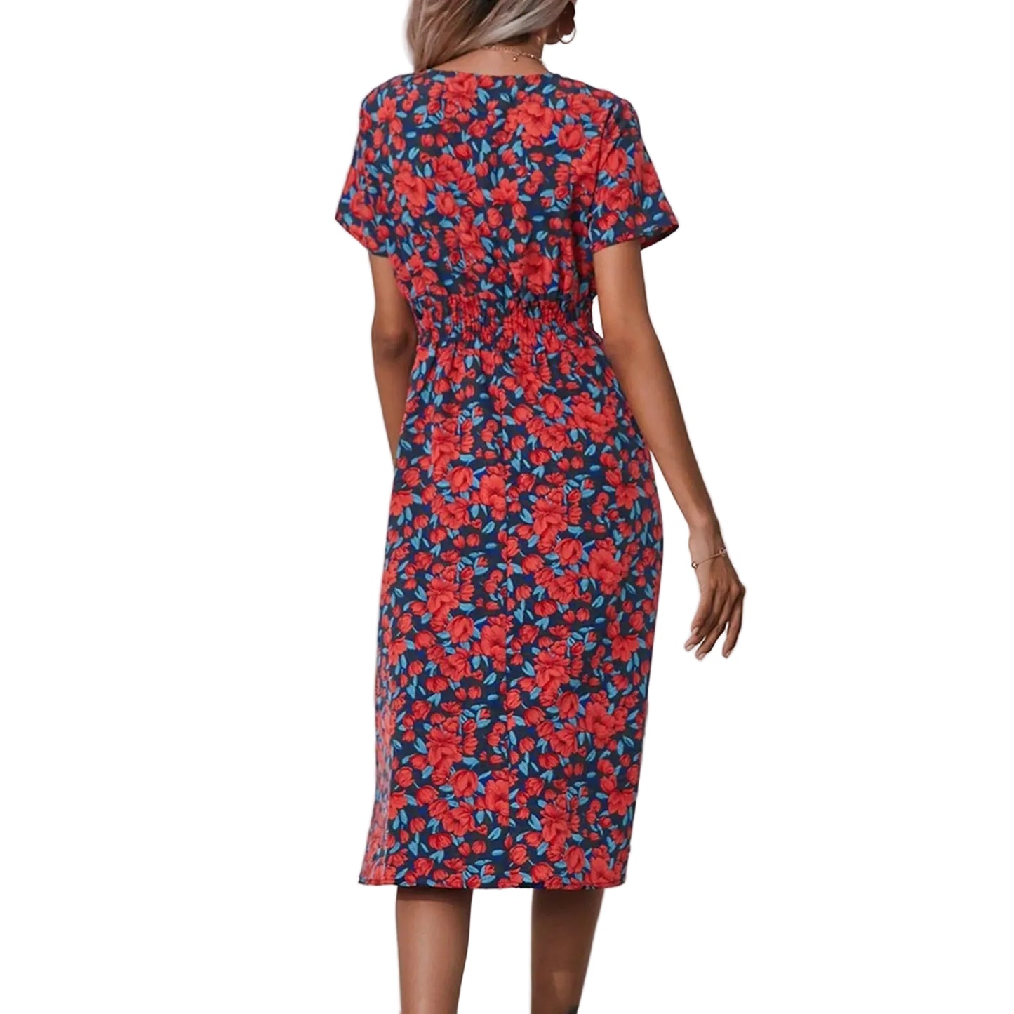 Casual small floral printed dresses for women v - neck short sleeve slim waist dress elegant and fashionable women's dress - PratSN