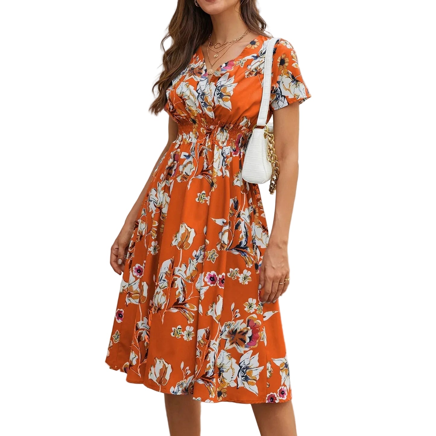 Casual small floral printed dresses for women v - neck short sleeve slim waist dress elegant and fashionable women's dress - PratSN