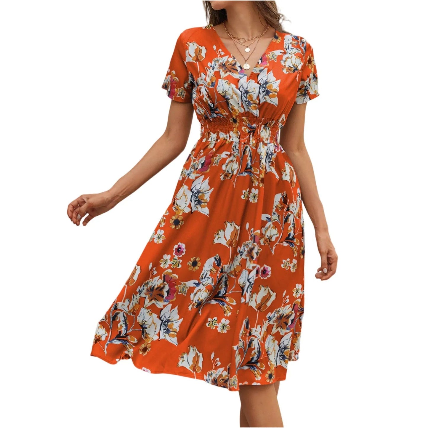 Casual small floral printed dresses for women v - neck short sleeve slim waist dress elegant and fashionable women's dress - PratSN