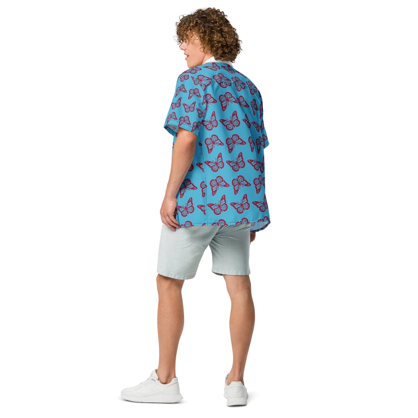 Casual Summer Shirt in sky Blue - Unisex butterfly Floral Button Down - PratSN