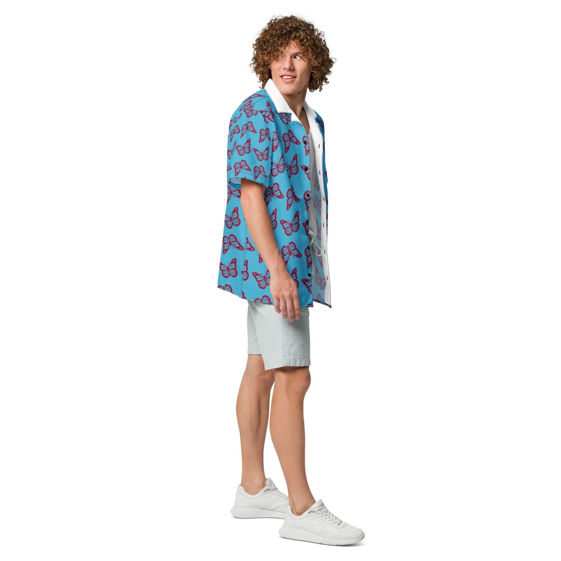 Casual Summer Shirt in sky Blue - Unisex butterfly Floral Button Down - PratSN