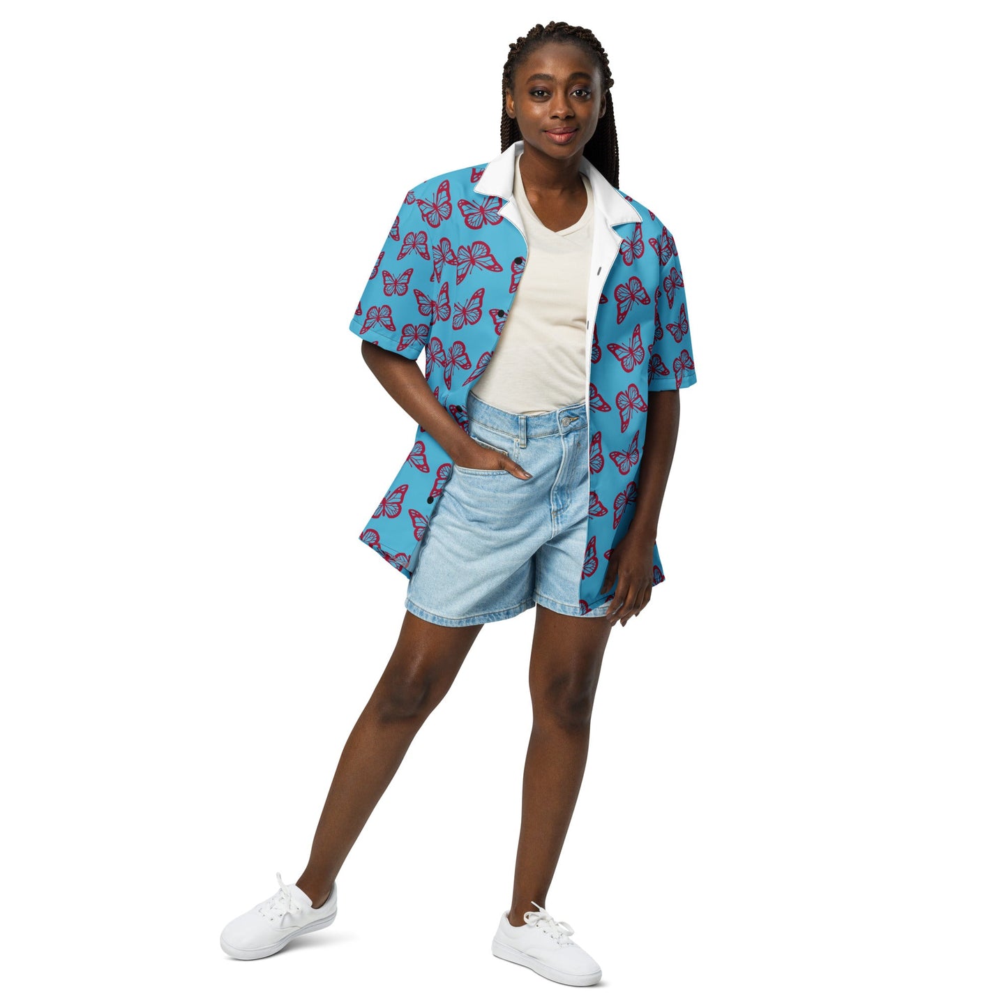 Casual Summer Shirt in sky Blue - Unisex butterfly Floral Button Down - PratSN
