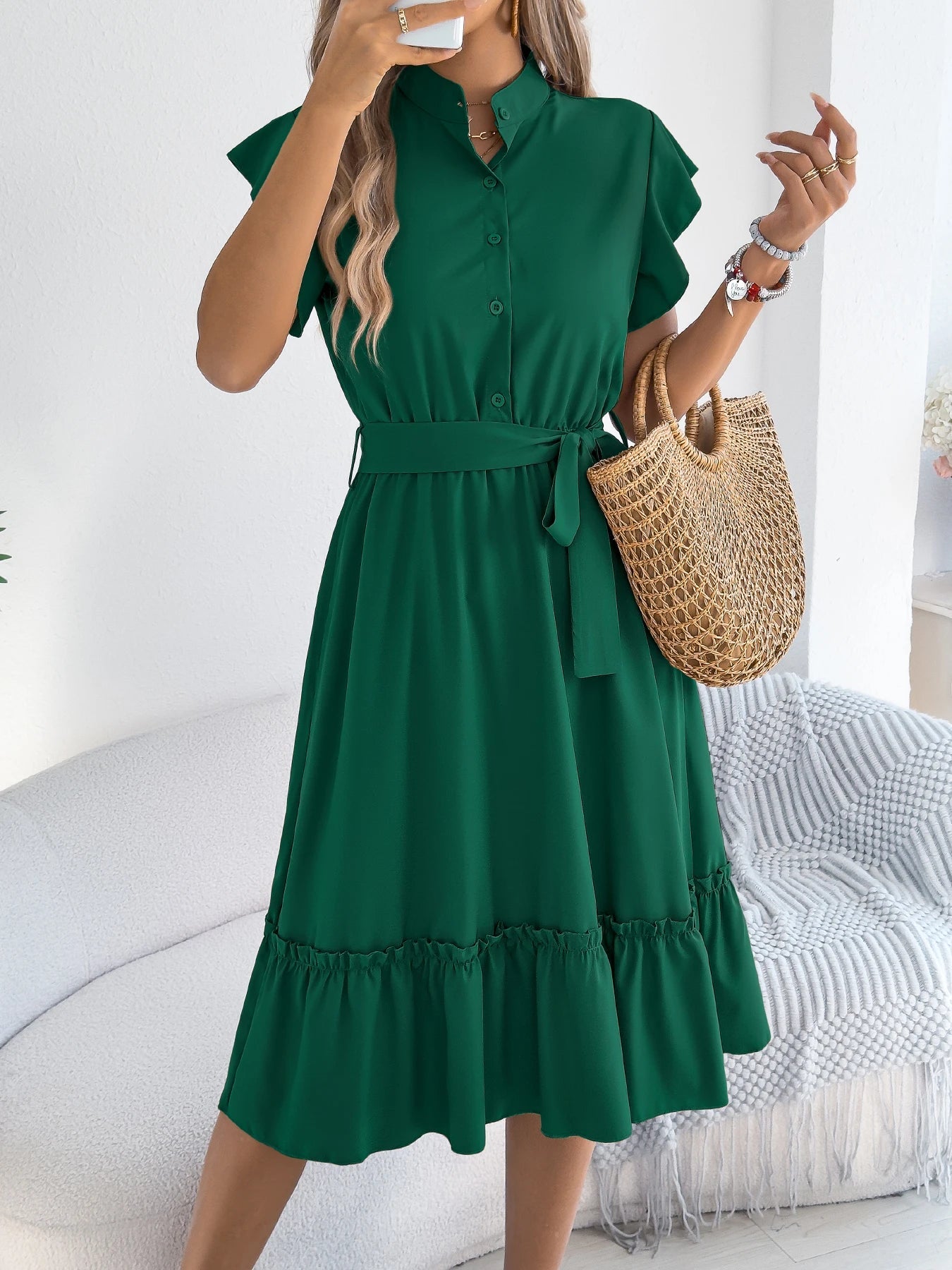 Casual Summer Woman Dress Solid Color Single Breasted Ruffle Edge Short Sleeved Dresses With Belt Khaki Blue Green - PratSN