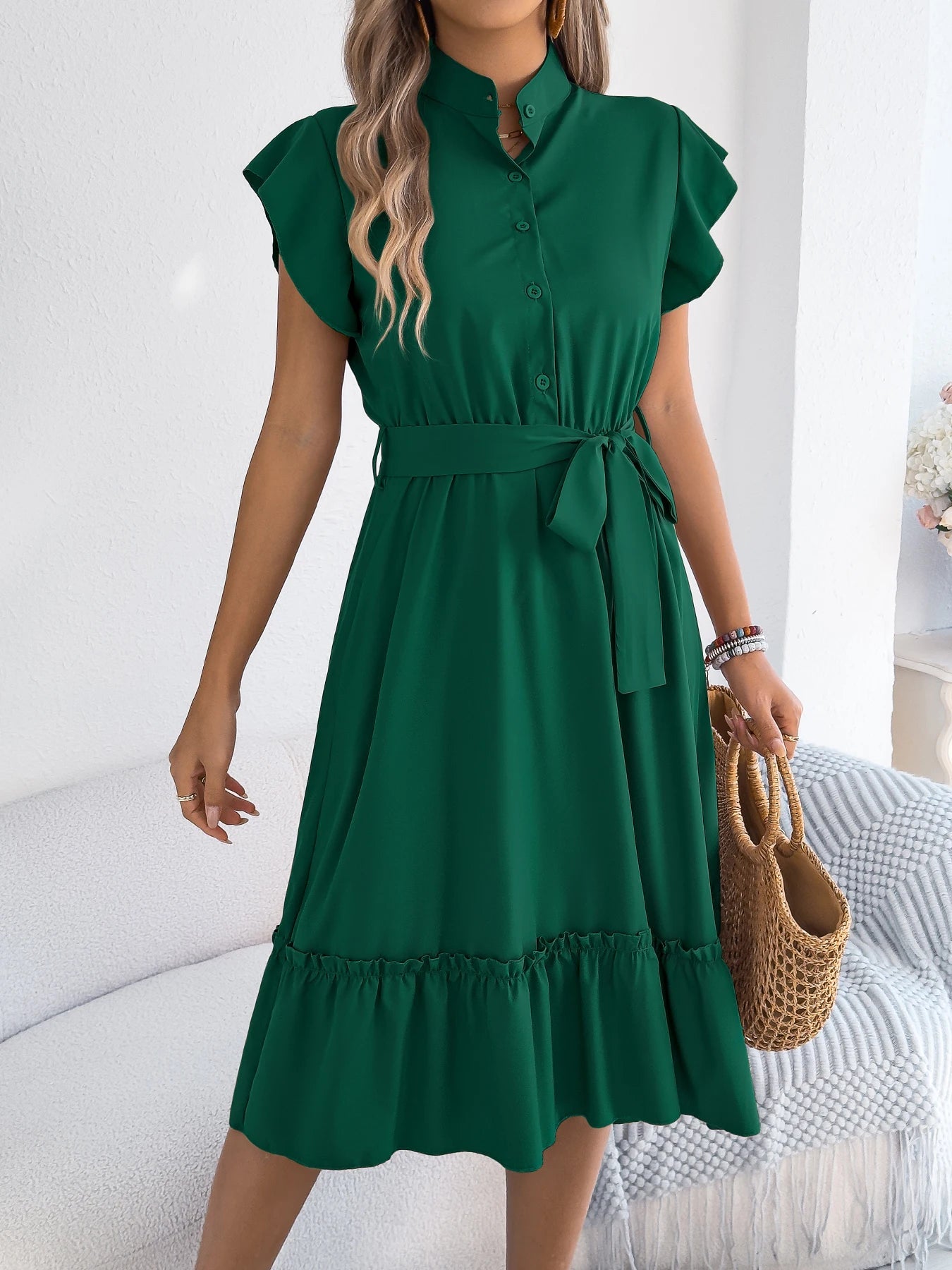 Casual Summer Woman Dress Solid Color Single Breasted Ruffle Edge Short Sleeved Dresses With Belt Khaki Blue Green - PratSN
