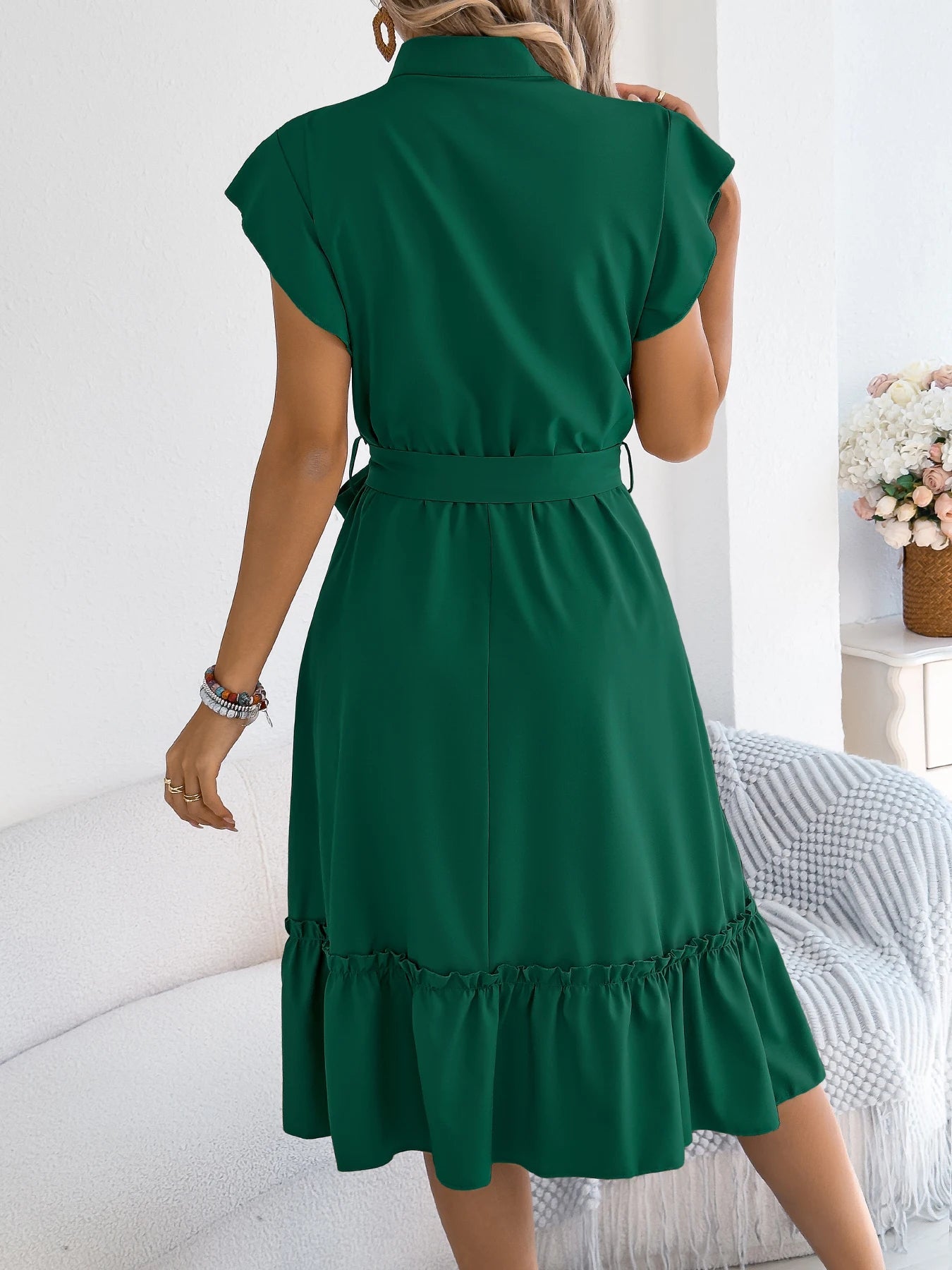 Casual Summer Woman Dress Solid Color Single Breasted Ruffle Edge Short Sleeved Dresses With Belt Khaki Blue Green - PratSN