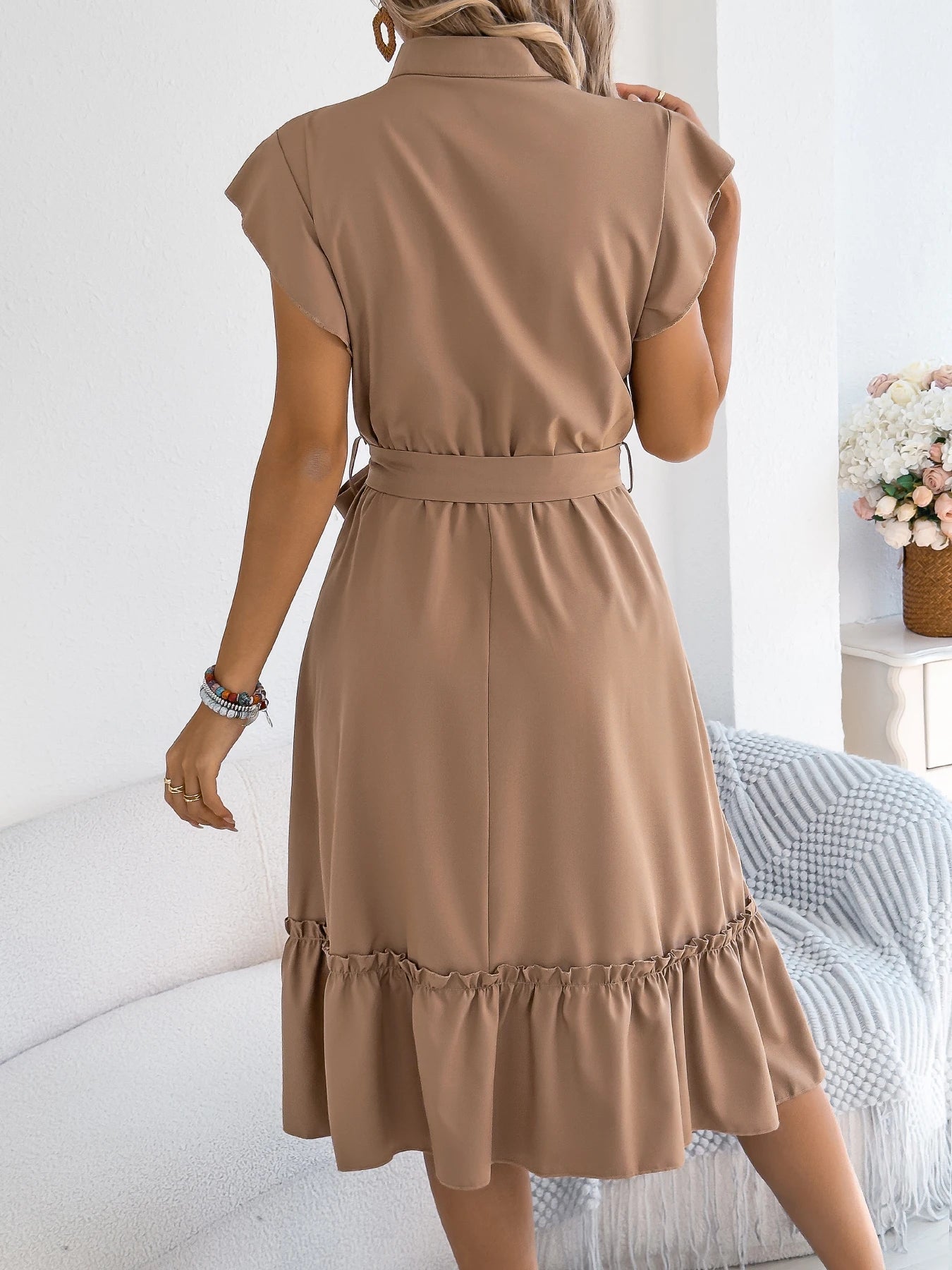 Casual Summer Woman Dress Solid Color Single Breasted Ruffle Edge Short Sleeved Dresses With Belt Khaki Blue Green - PratSN