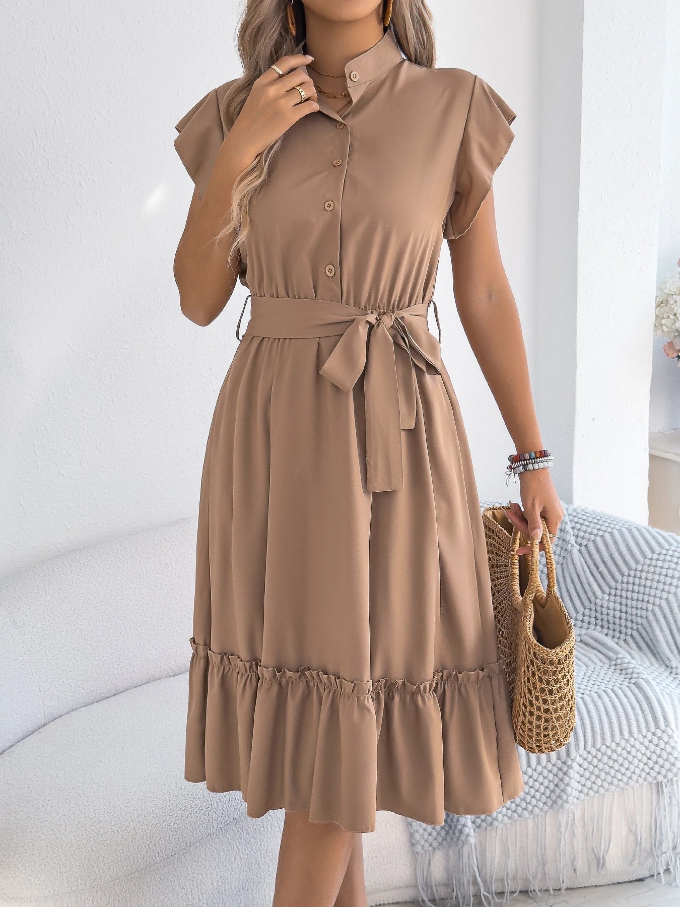 Casual Summer Woman Dress Solid Color Single Breasted Ruffle Edge Short Sleeved Dresses With Belt Khaki Blue Green - PratSN