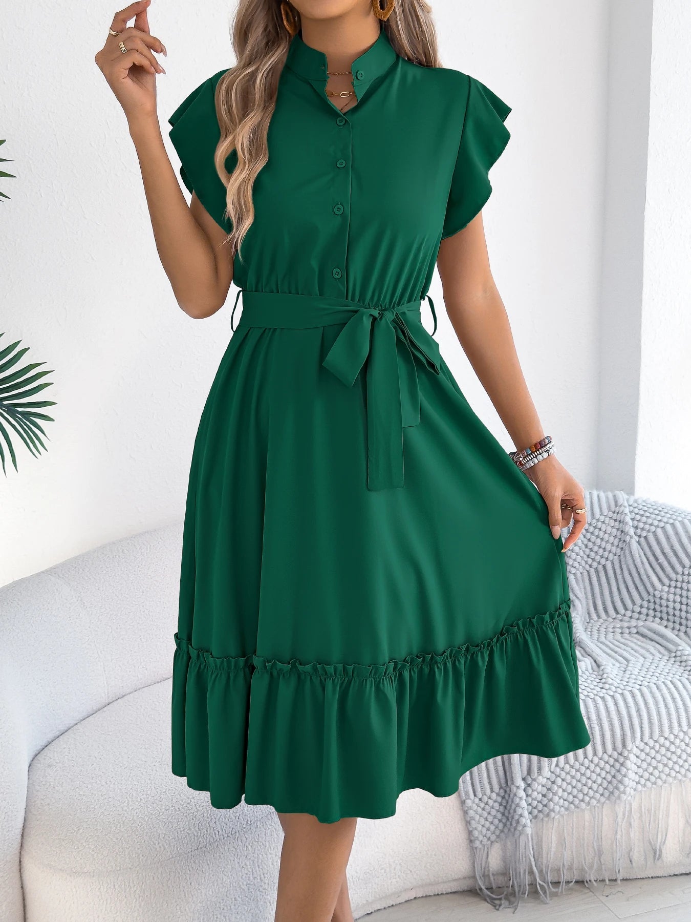 Casual Summer Woman Dress Solid Color Single Breasted Ruffle Edge Short Sleeved Dresses With Belt Khaki Blue Green - PratSN