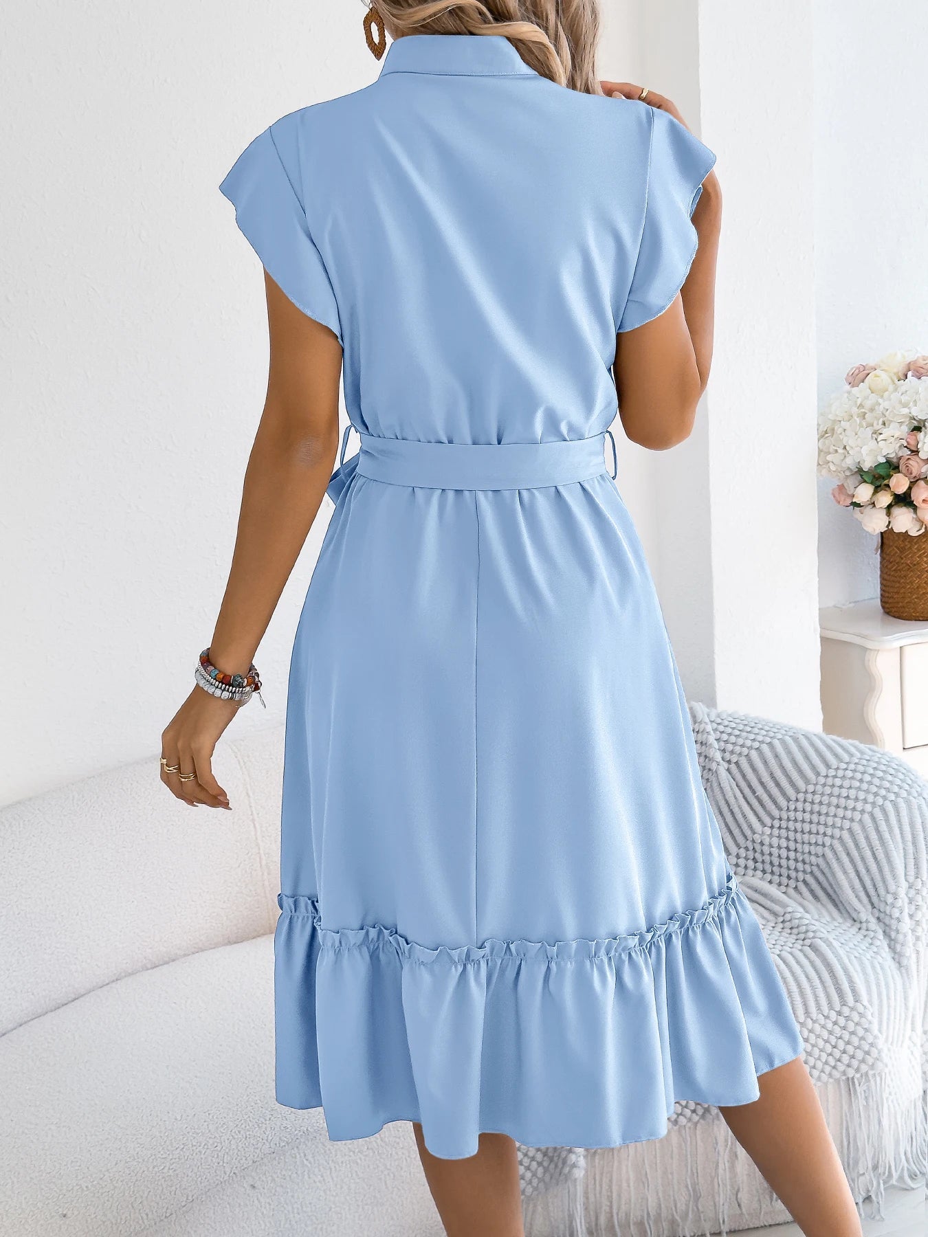 Casual Summer Woman Dress Solid Color Single Breasted Ruffle Edge Short Sleeved Dresses With Belt Khaki Blue Green - PratSN
