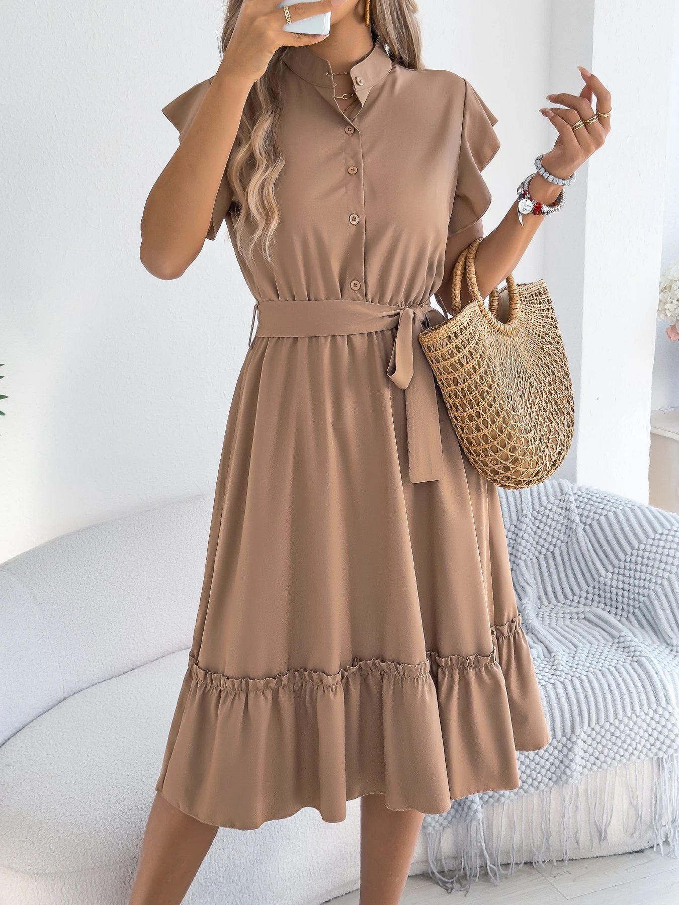 Casual Summer Woman Dress Solid Color Single Breasted Ruffle Edge Short Sleeved Dresses With Belt Khaki Blue Green - PratSN