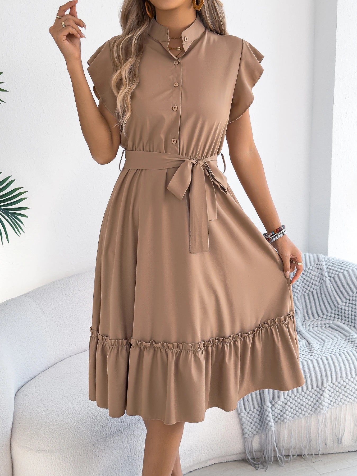 Casual Summer Woman Dress Solid Color Single Breasted Ruffle Edge Short Sleeved Dresses With Belt Khaki Blue Green - PratSN
