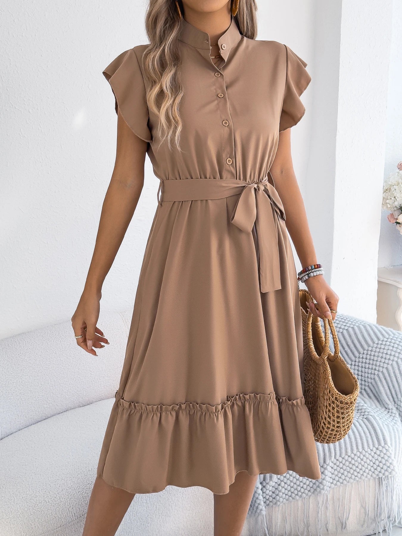 Casual Summer Woman Dress Solid Color Single Breasted Ruffle Edge Short Sleeved Dresses With Belt Khaki Blue Green - PratSN