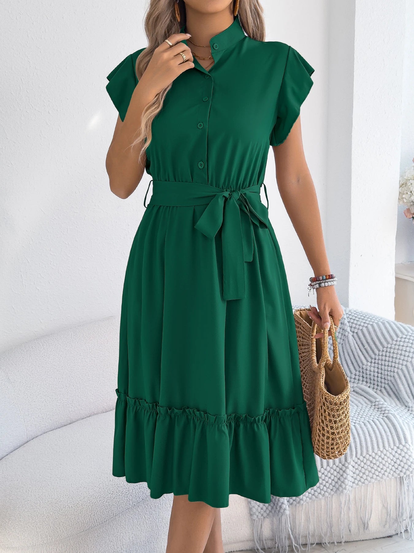Casual Summer Woman Dress Solid Color Single Breasted Ruffle Edge Short Sleeved Dresses With Belt Khaki Blue Green - PratSN