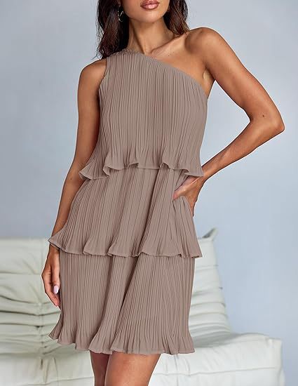Casual Women's One Off - Shoulder Layered Stitching Hem Dress Simple Solid Color Dress Summer Street High Waist Comfortable Dresses - PratSN