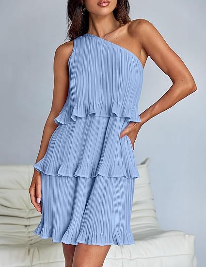 Casual Women's One Off - Shoulder Layered Stitching Hem Dress Simple Solid Color Dress Summer Street High Waist Comfortable Dresses - PratSN