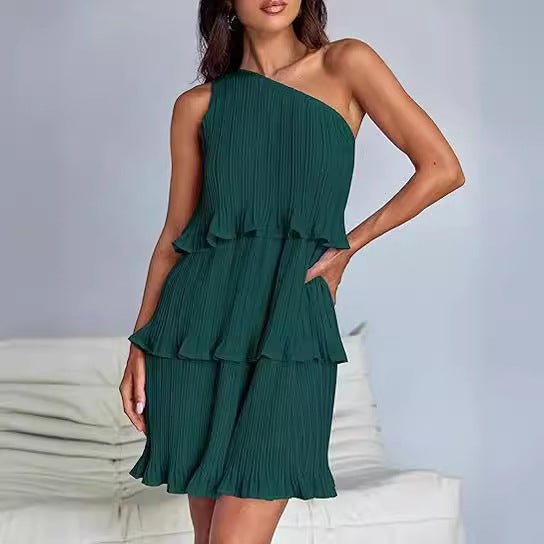 Casual Women's One Off - Shoulder Layered Stitching Hem Dress Simple Solid Color Dress Summer Street High Waist Comfortable Dresses - PratSN