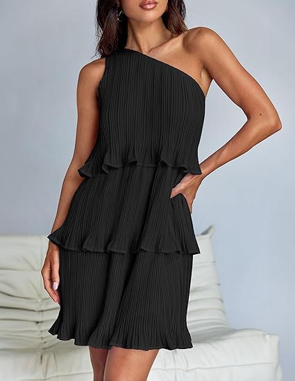 Casual Women's One Off - Shoulder Layered Stitching Hem Dress Simple Solid Color Dress Summer Street High Waist Comfortable Dresses - PratSN